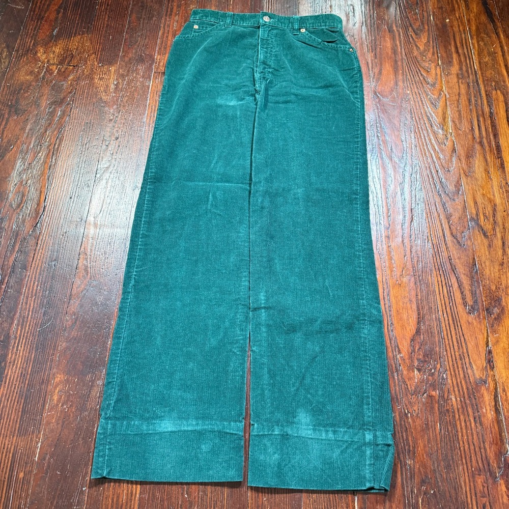 Vintage 70s Levis California Straights Pants Women 28x29 Green Corduroy Wide Leg